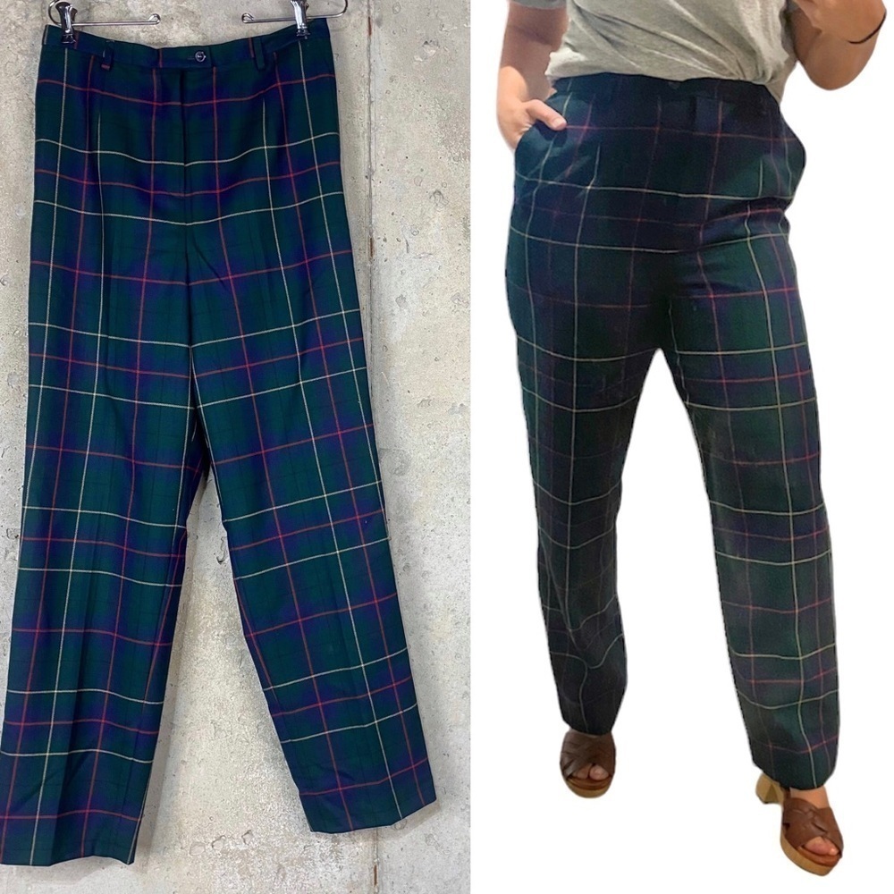 Vintage Pendleton navy blue dark green plaid straight leg trousers size 12